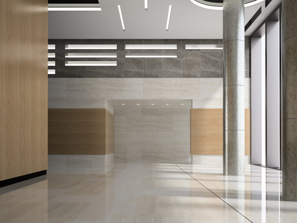 Innenraum einer Hotellobby mit Rezeption, 3D-Illustration