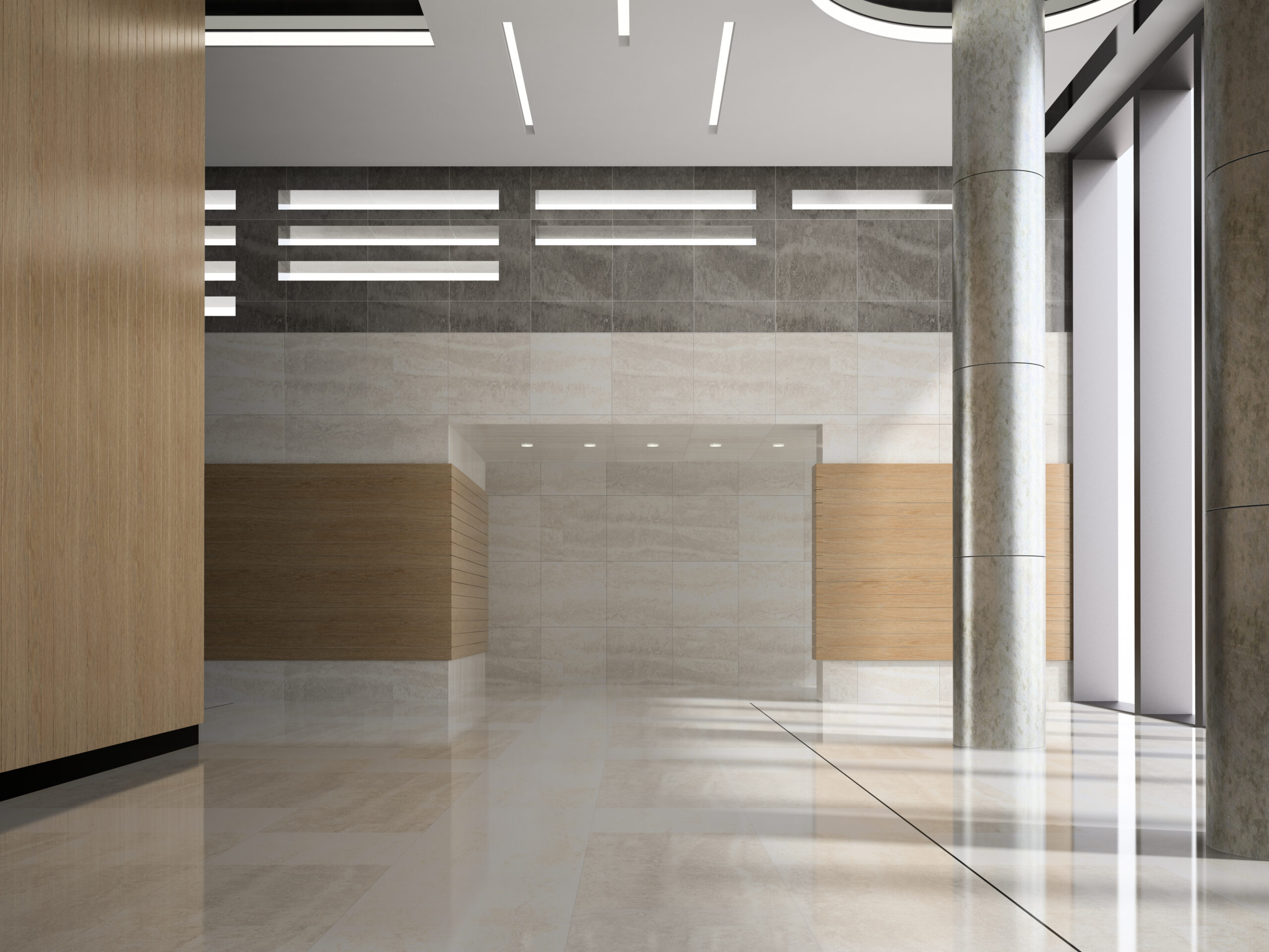 Innenraum einer Hotellobby mit Rezeption, 3D-Illustration