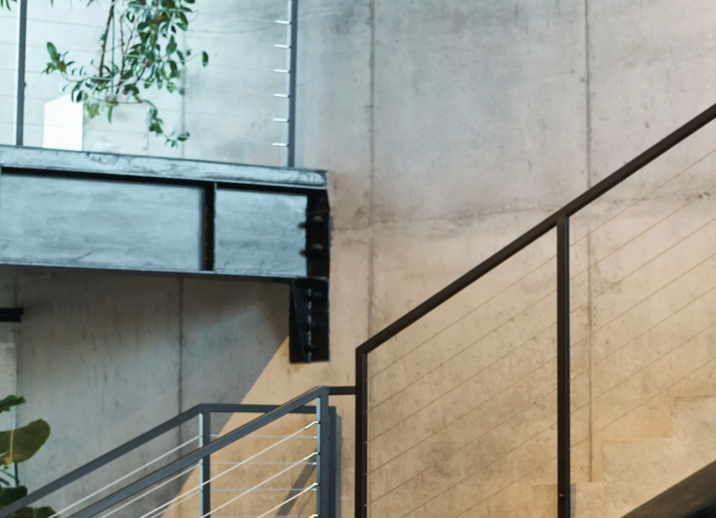 Moderner Büroempfangsbereich mit minimalistischem Design, klaren Linien, Betonwänden und einer eleganten Treppe, die eine anspruchsvolle Atmosphäre schafft