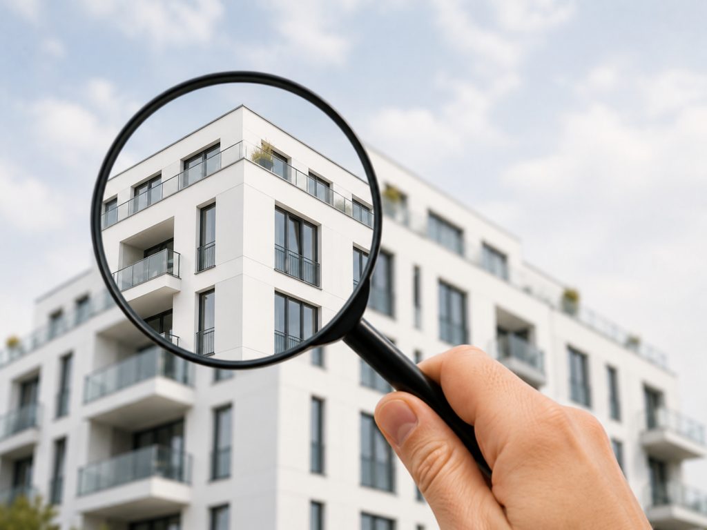 Außenansicht auf ein Haus mit mehreren Wohnungseinheiten durch eine Lupe